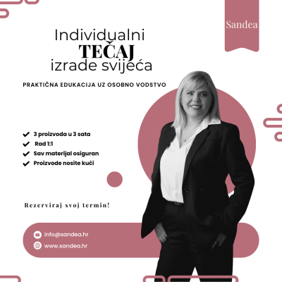 Individualni tečaj izrade svijeća — od ideje do vlastitog brenda Sandéa - 1 - Sveobuhvatna 1:1 edukacija (3 sata) Individualni