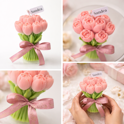 SANDEA Pink Tulip Bloom Sandéa - 3 - SANDEA Tulip Bloom je ručno izrađena mirisna svijeća u obliku buketa tulipana, izrađena od